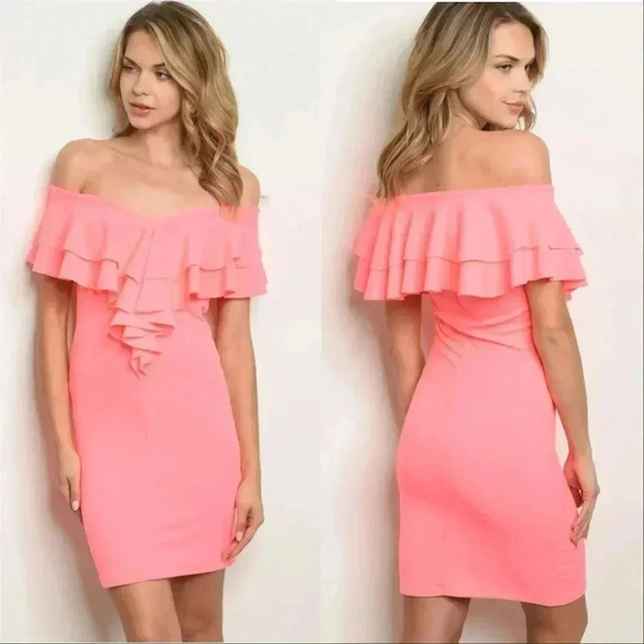 NEON BODYCON RUFFLE OFF SHOULDER DRESS - Picture 1 of 1